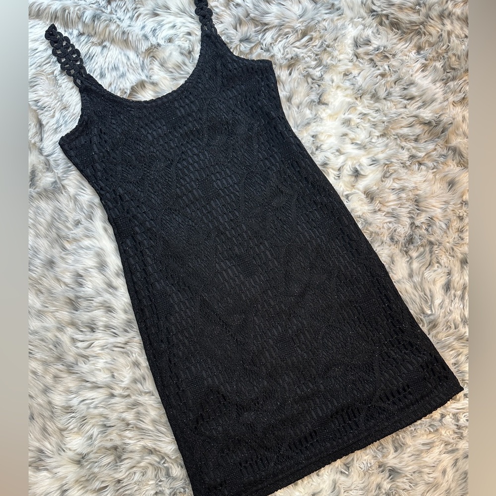 90s Y2K Crochet Black Mini Dress Small Festival Beach Fairy Goth Whimsy Vintage